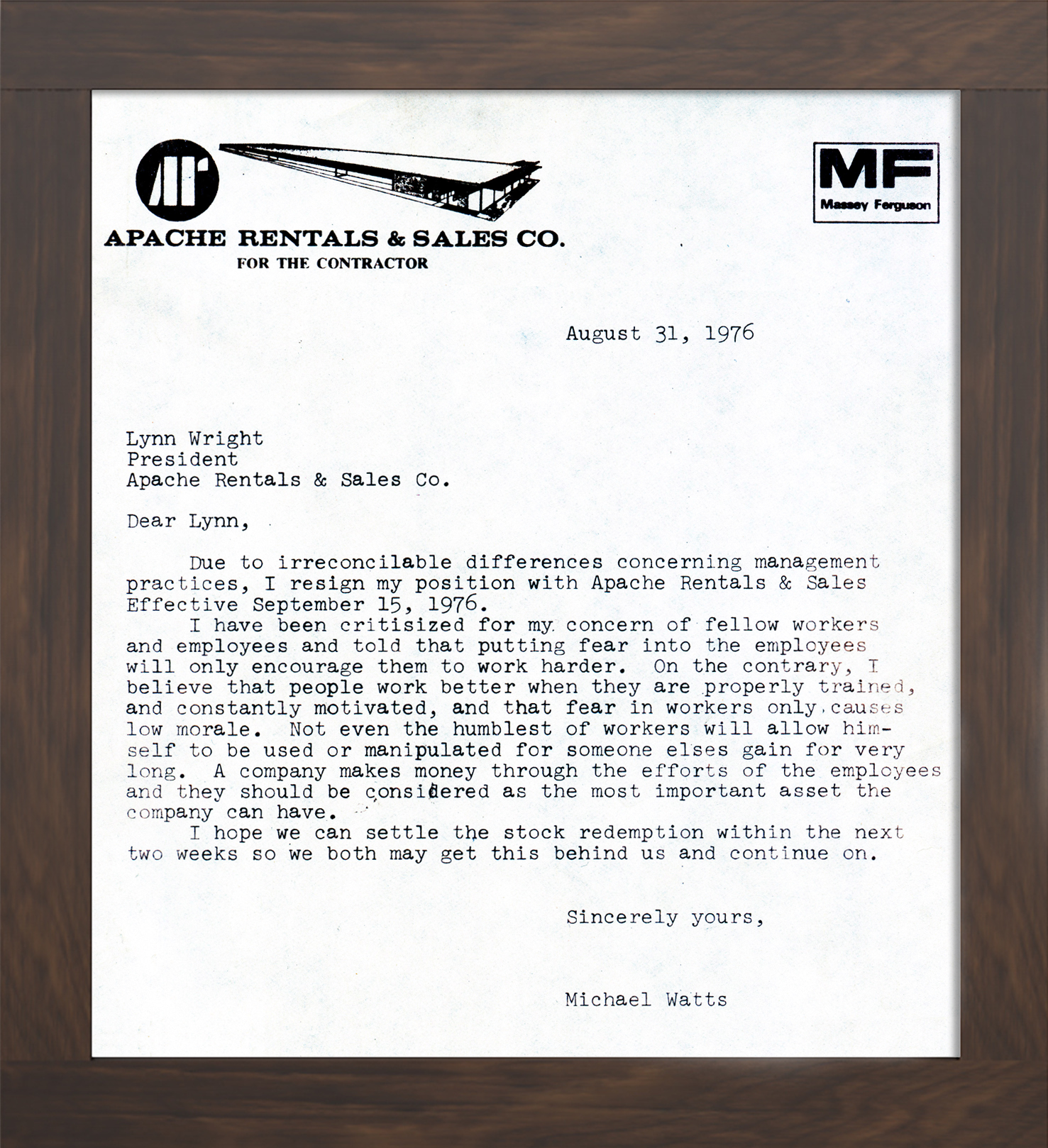A picture of a letter that Mike Watts gave to Apache Rentals giving his resignation.